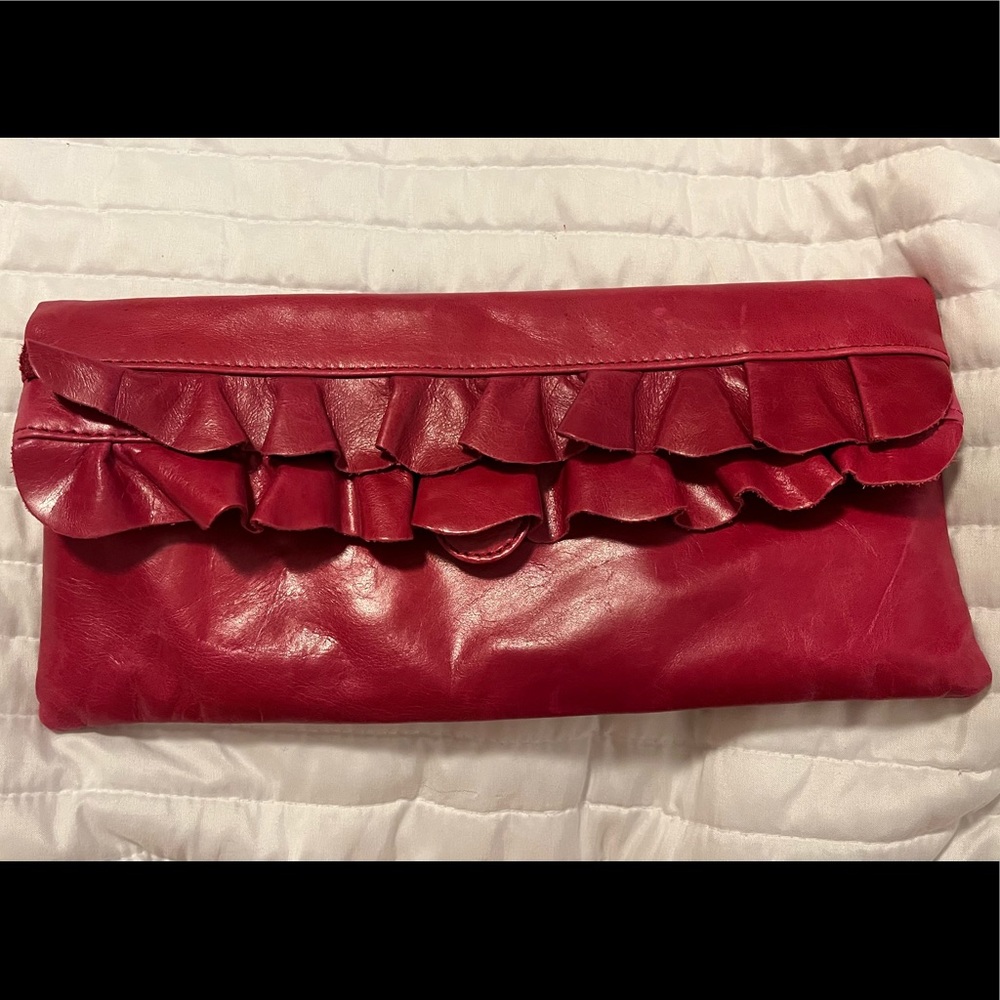 Genuine leather Magenta HOBO clutch with ruffles